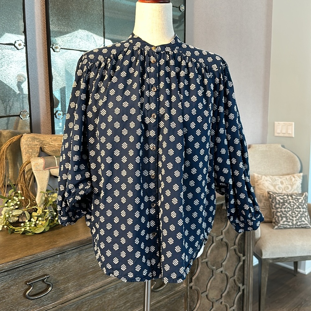 Anthropologie blue and white Dolman Sleeve button up blouse - Picture 2 of 12